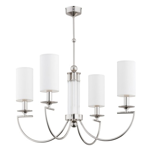 Lampa sufitowa Lea z pięcioma białymi kloszami na metalowej podstawie w kolorze niklu. Wymiary: 72x72x70 cm. Produkt zamontowany na suficie, z eleganckimi, delikatnymi detalami i prostym designem.
