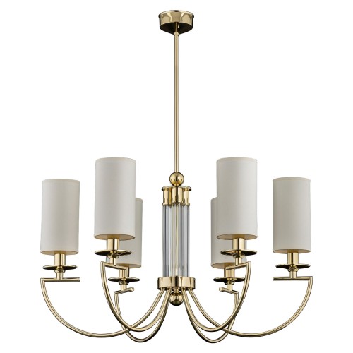 Lampa sufitowa Lea II w kolorze złotym, z sześcioma białymi abażurami. Posiada centralny element szklany i eleganckie, zaokrąglone ramiona. Wymiary 72x72x70 cm, zawieszona na długim, metalowym przewodzie.