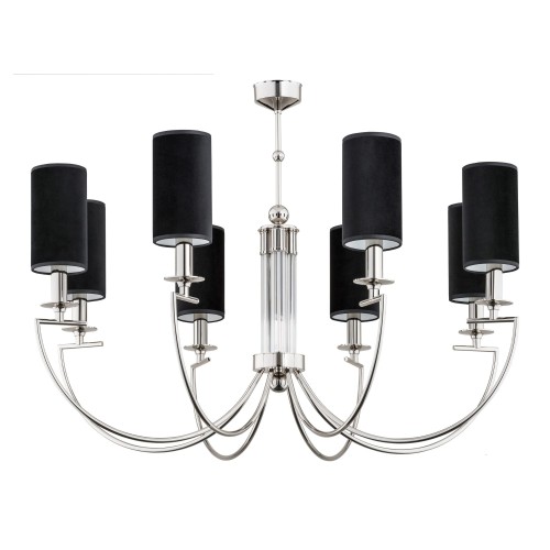 Lampa sufitowa Lea III w kolorze czarnym z sześcioma cylindrycznymi kloszami na metalowych ramionach, centralny element szklany, wykończenie w kolorze niklu, wymiary 102x102x70 cm, zawieszona w centralnej pozycji na białym tle.