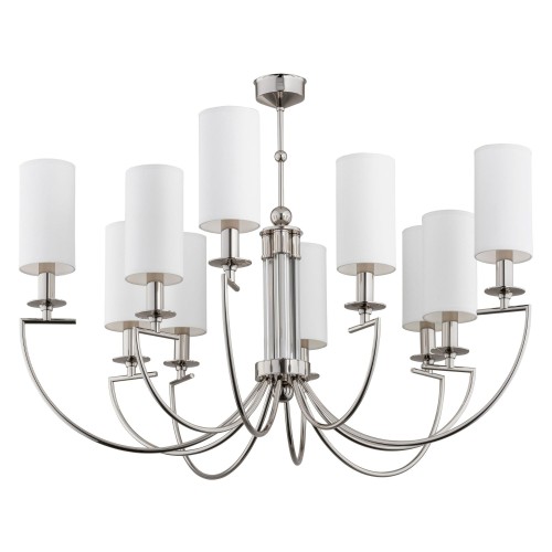 Lampa sufitowa Lea IV w kolorze srebrnym, o wymiarach 102x102x70 cm, z dwanaście białymi kloszami z materiału. Stylizowana na nowoczesną, z eleganckim, smukłym stelażem i wygiętymi ramionami, zawieszona na prostym mocowaniu.