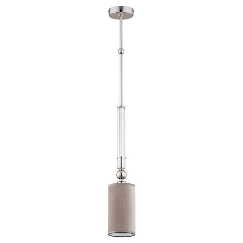 Lampa sufitowa Lea VI w kolorze szarym, o wymiarach 10x10x70 cm, z cylindrycznym kloszem z tkaniny i metalową podstawą w wykończeniu chromowanym. Zawieszona na długim, przezroczystym przewodzie.