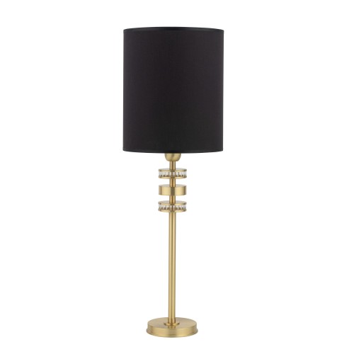 Lampa stołowa Adria w kolorze złotym z czarnym abażurem, o wysokości 77 cm. Elegancka podstawa z dekoracyjnymi elementami, okrągła baza. Prosta forma, idealna do nowoczesnych wnętrz.