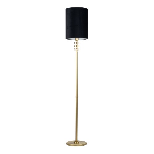 Lampa podłogowa Adria I o wysokości 182 cm, z metalową podstawą w kolorze złotym i cylindrycznym kloszem w czarnym kolorze. Ujęcie frontalne, lampa stojąca na białym tle.