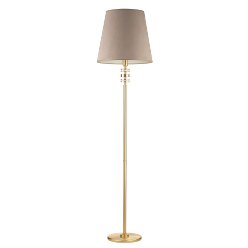 Lampa podłogowa Adria II o wysokości 182 cm, z metalową, złotą podstawą i cylindrycznym kloszem w kolorze beżowym. Ujęcie frontalne, stojąca na białym tle, podkreślająca elegancki design i prostotę formy.