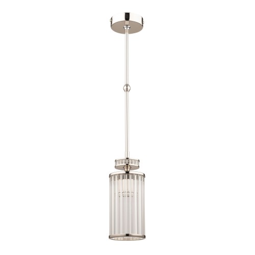 Lampa sufitowa Adria III w kolorze niklu, o wymiarach 10x10x70 cm. Posiada szklany klosz w pionowe prążki, zawieszona na cienkim uchwycie. Prosta konstrukcja, idealna do nowoczesnych wnętrz. Tło białe, co podkreśla elegancki design.