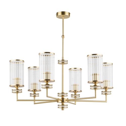Lampa sufitowa Adria I z sześcioma szklanymi kloszami w pionowe żłobienia, wykończenie w kolorze złotym. Wymiary 74x74x70 cm, zawieszona na długim łańcuchu, idealna do nowoczesnych wnętrz.