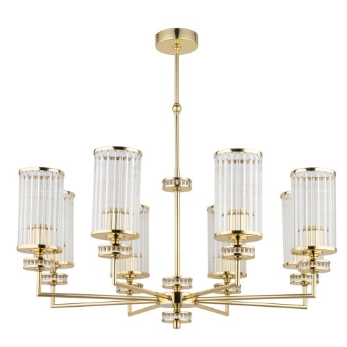 Lampa sufitowa Adria II w kolorze złotym, o wymiarach 76x76x70 cm, z sześcioma cylindrycznymi kloszami z przezroczystego szkła, zawieszona na cienkim drucie. Klosze mają pionowe żłobienia, a całość prezentuje nowoczesny design.