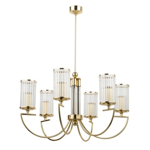 Lampa sufitowa Lea Klosz II w złotej kolorystyce, o wymiarach 72x72x70 cm, z sześcioma cylindrycznymi kloszami z przezroczystego szkła. Elementy metalowe w połysku, elegancki design, zawieszona na długim przewodzie.