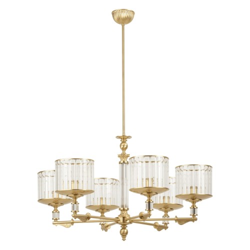 Lampa sufitowa Merano z sześcioma kloszami w kolorze przezroczystym z metalowymi detalami w odcieniu złotym. Produkt ma wymiary 76x76x70 cm, zawieszony na długim, eleganckim łańcuchu.