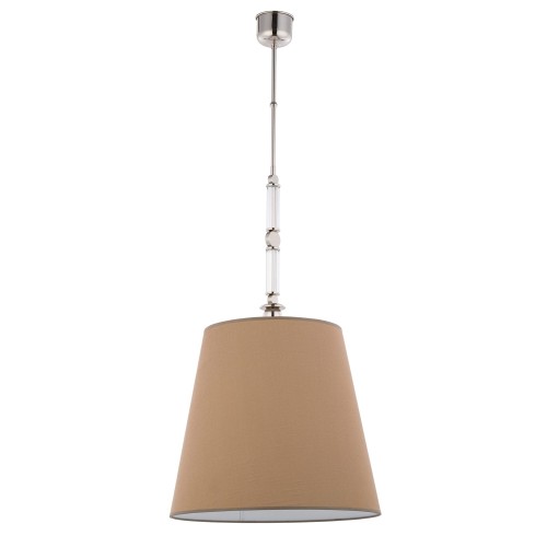 Lampa sufitowa Tamara w kolorze jasnobrązowym, o kształcie stożkowym, zawieszona na chromowanym stelażu z przezroczystymi elementami. Wymiary: 45x45x90 cm. Tło białe, lampa w pozycji wiszącej.