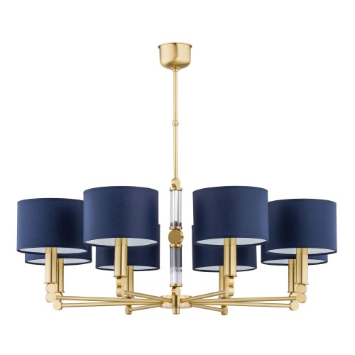 Lampa sufitowa Tamara II o wymiarach 86x86x70 cm, z sześcioma granatowymi abażurami i złotą metalową konstrukcją. Elementy szklane w centralnej części. Ujęcie z przodu, zawieszona na długim przewodzie. Tło białe, co podkreśla kolorystykę lampy.