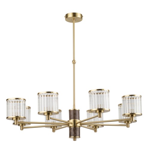 Lampa sufitowa Como III w kolorze złotym, z sześcioma cylindrycznymi kloszami z przezroczystego szkła. Wymiary 72x72x70 cm, z centralnym stalowym elementem w brązowym odcieniu. Stojąca, z eleganckim wykończeniem, idealna do nowoczesnych wnętrz.