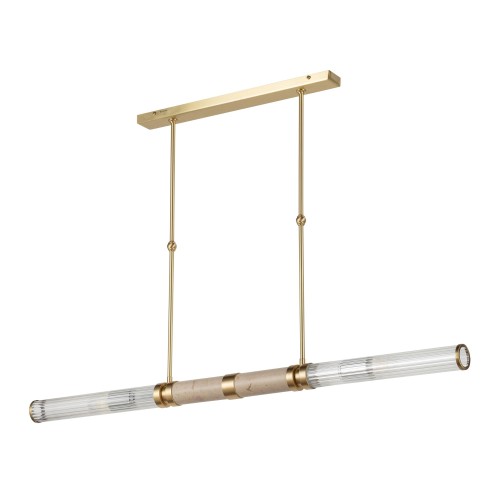 Lampa sufitowa Izano III w kolorze złotym, o wymiarach 6x120x70 cm, z przezroczystymi szklanymi kloszami. Ujęcie frontalne, zawieszona na dwóch linkach. Elementy metalowe z dekoracyjnym akcentem w postaci okrągłego mocowania.