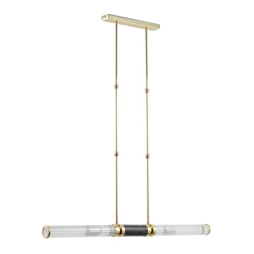 Lampa sufitowa Izano II o wymiarach 5x92x70 cm, zawieszona na złotym stelażu, z przezroczystymi kloszami, podłużna konstrukcja, elegancki design, idealna do nowoczesnych wnętrz.