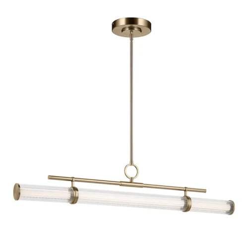 Nowoczesna lampa nad wyspę Riven II w kolorze szampańskiego brązu. Posiada dwa cylindryczne klosze z przezroczystego szkła i metalowy stelaż. Zawieszona na długim, cienkim przewodzie, w prostym, eleganckim stylu.