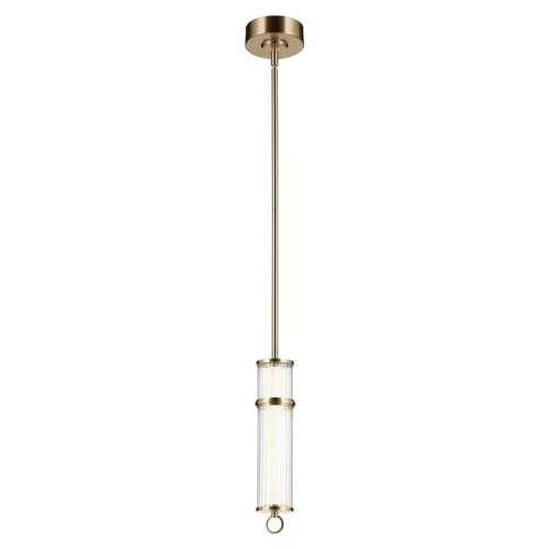Nowoczesna lampa wisząca Riven I w kolorze szampańskiego brązu. Lampa ma prosty metalowy stelaż z przezroczystym kloszem w formie cylindrycznej, zawieszona na długim przewodzie. Ujęcie frontalne, na białym tle.
