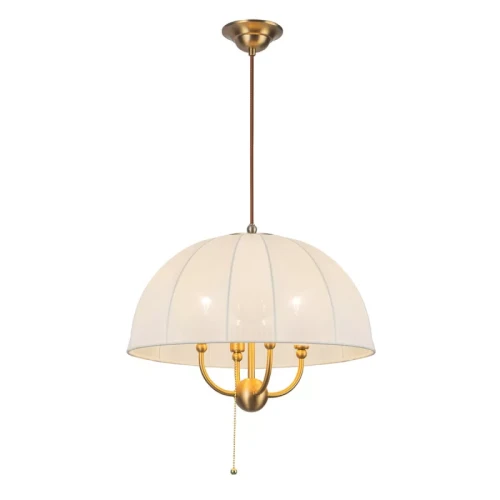 Lampa wisząca Crosby w kolorze szczotkowanego złota z białym kloszem w kształcie półkuli. Produkt zawiera cztery źródła światła, zawieszony na brązowym przewodzie, zamontowany na sufitowym wsporniku.
