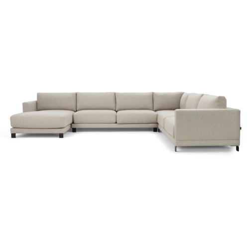 Sofa narożna lewostronna Harvey o wymiarach 260x380x160x83 cm, w jasnym, teksturowanym materiale. Posiada wygodne poduszki oparciowe i niskie nóżki. Ułożona w kształcie litery L, idealna do salonu.