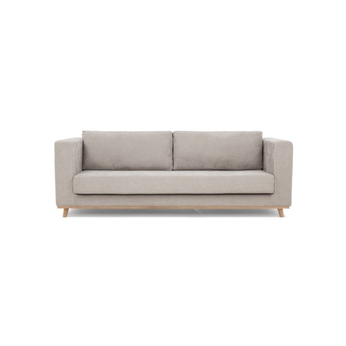 Stylowa rozkładana sofa Dorello w kolorze jasnoszarym, o wymiarach 232x100x86 cm, z prostokątnym siedziskiem i poduszkami na oparciu. Stojąca na drewnianych nóżkach, z minimalistycznym designem i prostymi liniami.