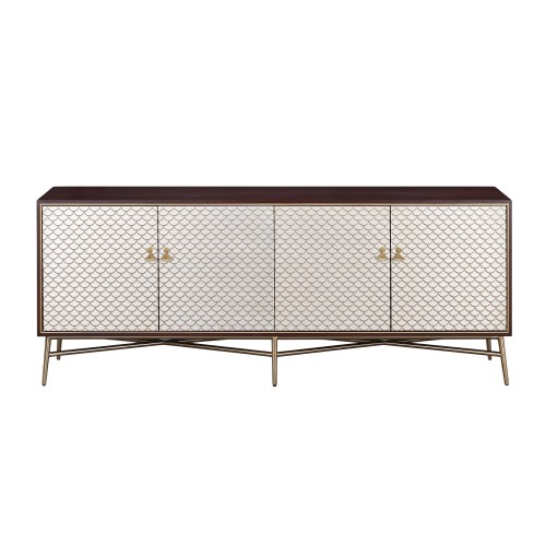 Komoda orzechowa 180 cm z frontami w szampańskim złocie, 4 drzwi z okrągłymi złotymi uchwytami. Nowoczesny design, stabilna metalowa podstawa o geometrycznym kształcie, złota.