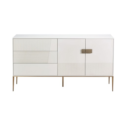 Komoda Stilig w odcieniu złamanej bieli o wymiarach 160 cm z detalami w poziome i pionowe żłobienia. Produkt stojący, z drzwiami w kolorze złotym bez widocznych napisów lub logo, prezentowany na jasnym tle.