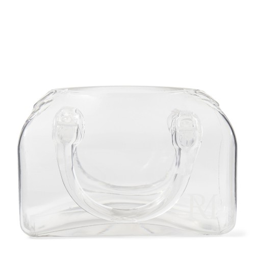 Wazon Maison Paris Bag Riviera Maison w formie przezroczystego pojemnika z uchwytami. Produkt ma prostokątny kształt z zaokrąglonymi krawędziami, wykonany z przezroczystego szkła. Widoczne logo RM na boku. Ujęcie frontalne.