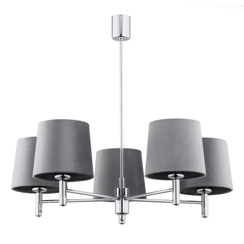 Lampa wisząca Bolzano Plus w ciemnoszarym kolorze z pięcioma kloszami z materiału, metalowa konstrukcja w chromowanym wykończeniu. Wymiary: 63x71x71 cm. Produkt zawieszony na cienkiej rurze.