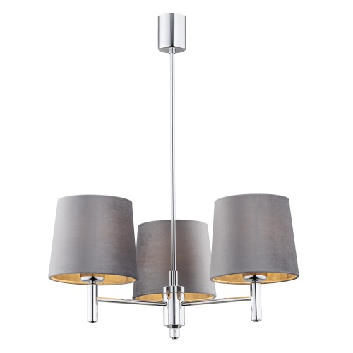 Lampa wisząca Bolzano Plus w ciemnoszarym kolorze z chromowanymi detalami. Posiada trzy abażury zewnętrzne oraz metalową konstrukcję. Wymiary: 63x47,5x47,5 cm. Ujęcie frontalne, zawieszona na długim przewodzie.