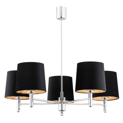 Lampa wisząca Bolzano Plus w kolorze czarnym z chromowanymi detalami. Posiada pięć cylindrycznych kloszy z czarnego materiału, wewnątrz z mosiężnym wykończeniem. Wymiary: 63x71x71 cm, zawieszona na długim, chromowanym stelażu.