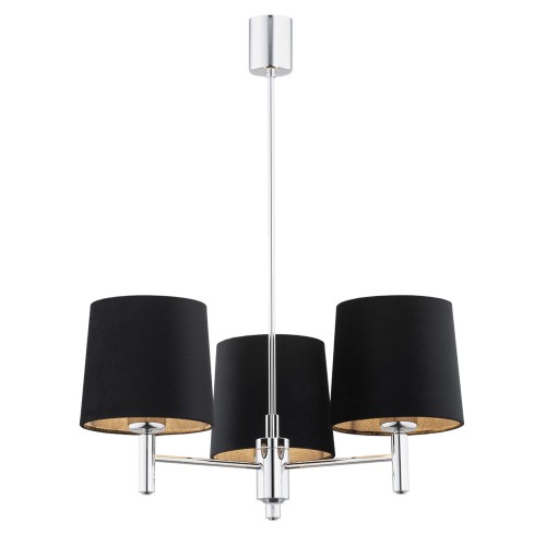 Lampa wisząca Bolzano Plus w kolorze czarnym z chromowanymi detalami, posiada trzy cylindryczne klosze z materiału. Ujęcie frontalne, z widoczną chromowaną podstawą i zawieszeniem o długości 63 cm, wymiary 63x47,5x47,5 cm.
