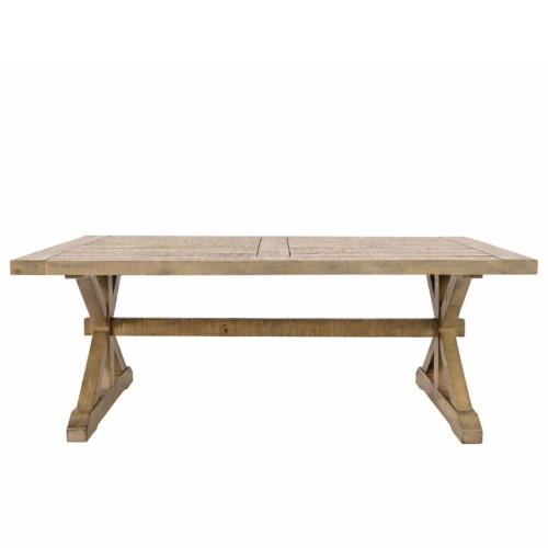 Stolik kawowy Modern Farmhouse w kolorze naturalnego drewna o wymiarach 127x71x47 cm, prostokątny blat z fakturą, solidne nogi ustawione w kształcie krzyża, widok frontalny na wytrzymałą konstrukcję, na jasnym tle.