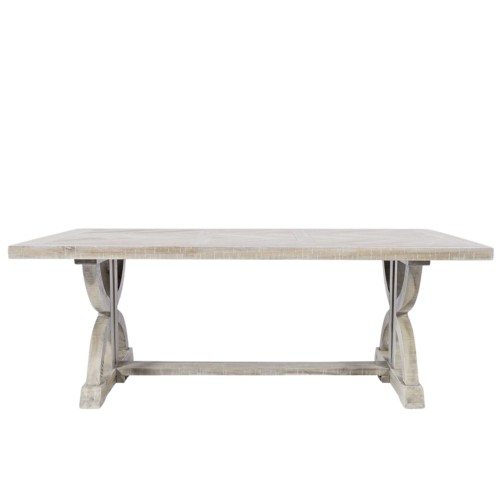 Stolik kawowy Avola w kolorze bielonego dębu, o wymiarach 127x71x47 cm, z prostokątnym blatem i charakterystycznymi, stylowymi nogami. Ujęcie frontalne ukazuje elegancki design i teksturowaną powierzchnię blatu.