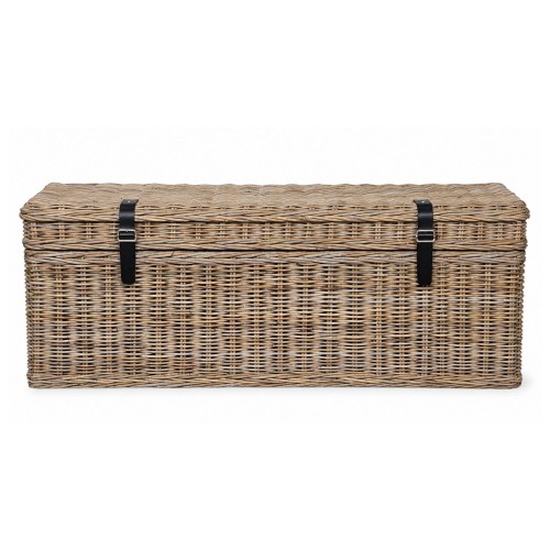 Rattanowy Kufer Ławka Chelsea ze Skórzanymi Paskami 121x50x52cm