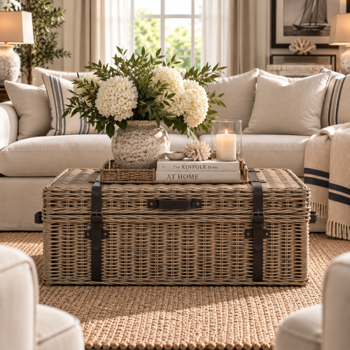 Rattanowy Kufer Windsor ze Skórzanymi Paskami 116x63xH48cm