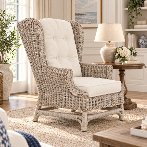 Komfortowy Fotel Rattanowy Kingston Uszak z Poduszkami 80x70xH106cm