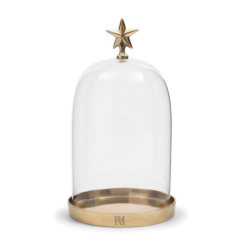 Klosz Christmas Star Dôme M Riviera Maison z przezroczystego szkła, z metalową podstawą w kolorze złotym. Na górze znajduje się dekoracyjna gwiazdka. Produkt stoi w pozycji pionowej, na jednolitym tle. Wymiary i detale nie są widoczne.