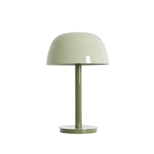 Lampa stołowa Marivet o wysokości 48 cm, w kolorze jasnej zieleni. Posiada okrągłą podstawę i cylindryczny stelaż, z zaokrąglonym kloszem na górze, wykonana z połyskującego materiału. Ujęcie frontalne, na białym tle.