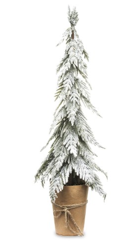 Ośnieżona choinka w doniczce o wysokości 79 cm, z zielonymi gałązkami pokrytymi białym sztucznym śniegiem. Doniczka z papieru w kolorze brązowym, ozdobiona sznurkiem. Produkt prezentowany frontalnie na białym tle.