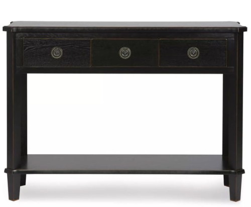 Czarna konsola drewniana Henshaw Laura Ashley z trzema szufladami i otwartą półką. Wymiary: 110x35x79,5 cm. Szuflady z okrągłymi uchwytami. Stojąca konstrukcja z prostymi nogami, minimalistyczny design, idealna do przedpokoju lub salonu.
