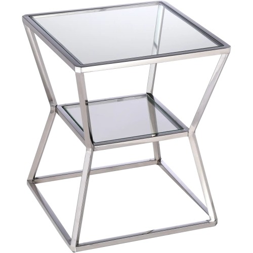 Stolik Fiamme 40x40x49 cm z prostokątnym blatem ze szkła, umieszczony na stalowej, metalowej podstawie. Produkt stoi stabilnie, pod względem designu charakteryzuje się minimalistyczną formą. Widoczna dolna półka na drobiazgi. Tło białe.