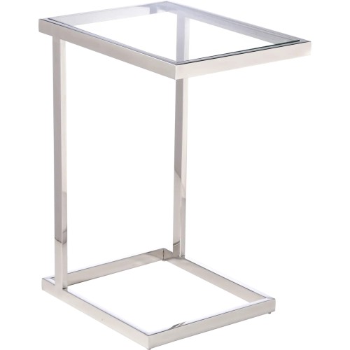 Stolik Nottura w kolorze srebrnym, o prostokątnym blacie szklanym. Ujęcie z boku, pokazujące minimalistyczną, metalową konstrukcję z solidnymi nogami. Produkt stoi na białym tle, co podkreśla jego elegancki design. Wymiary 48x35x63 cm.
