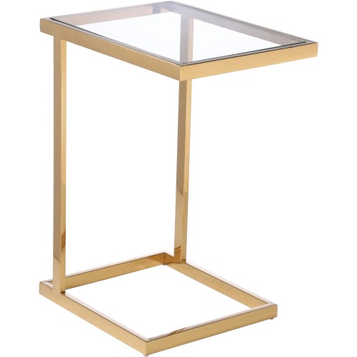 Stolik Pomocniczy Nottura o złotej metalowej konstrukcji z szklanym blatem. Posiada prostokątny kształt i wymiary 48x35x63 cm. Ujęcie z boku, stojący w minimalistycznym otoczeniu na jasnym tle, podkreślający jego elegancję i nowoczesny design.