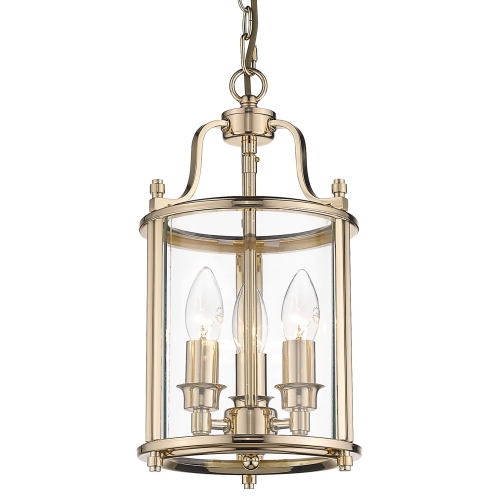 Lampa sufitowa wisząca Ventalio IIA w złotym kolorze, o wymiarach 20x20x37 cm. Ma szklany klosz z metalową ramą oraz trzy żarówki w kształcie łzy. Produkt wiszący, widoczny z przodu na jednolitym tle.