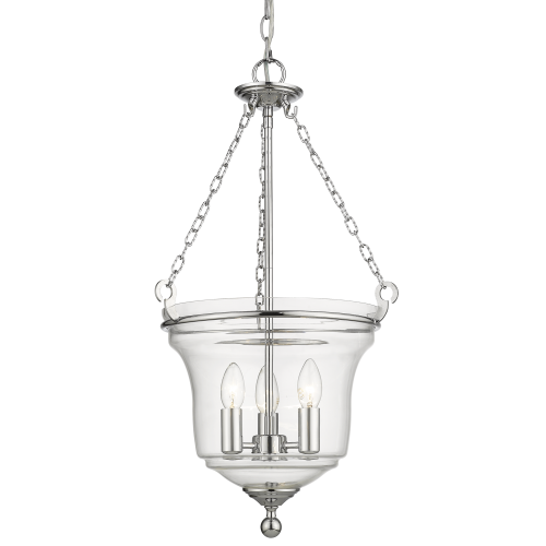 Lampa sufitowa wisząca Serale w kolorze chromu, o średnicy 37 cm i wysokości 56 cm, z przezroczystym, szklanym kloszem, trzy źródła światła w kształcie świec, montowana na łańcuchu. Ujęcie frontalne, na jednolitym tle.