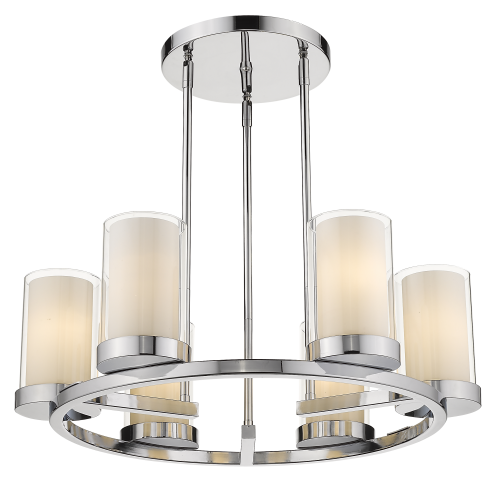 Okrągła lampa sufitowa wisząca Milano w kolorze chromu o średnicy 65 cm i wysokości 22 cm. Posiada pięć cylindrycznych kloszy z mlecznobiałego szkła. Ujęcie frontalne, wisząca konstrukcja, podkreślająca nowoczesny design.
