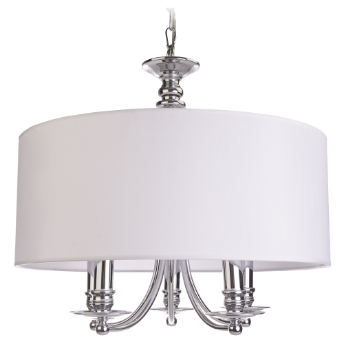 Lampa sufitowa z białym abażurem o cylindrycznym kształcie, wykonana z metalu w srebrnym wykończeniu. Produkt zawiesza się na dekoracyjnym łańcuchu. Widoczne dwa klosze oraz rozeta sufitowa. Wymiary: 50x50x45 cm.