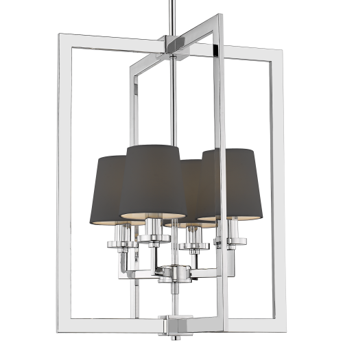 Lampa sufitowa wisząca Luna M w kolorze chromu i czerni, o wymiarach 44x44x57 cm, z pięcioma cylindrycznymi kloszami z matowego materiału. Produkt wiszący, ukazany frontalnie, w minimalistycznej ramie. Tło czarne, podkreślające nowoczesny design.
