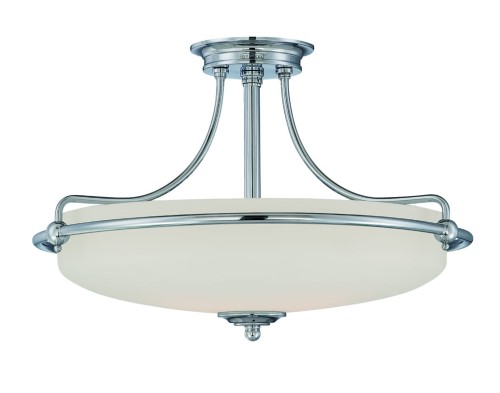 Plafon L w kolorze niklowym z białym, okrągłym kloszem o wymiarach 53x36 cm. Wisząca lampa z delikatnymi metalowymi elementami. Kąt ujęcia frontalny, produkt na jednolitym tle. Kluczowe detale: lśniąca powierzchnia, subtelne mocowania.