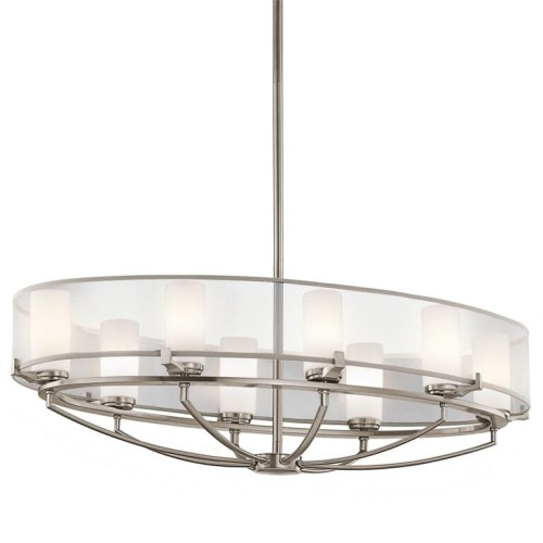 Lampa sufitowa wisząca Amadeus XL, owalna, metalowa, srebrna z przezroczystym kloszem i 6 matowymi źródłami światła. Wymiary: 91x91x36 cm, zawieszona na długim przewodzie, widok frontalny.