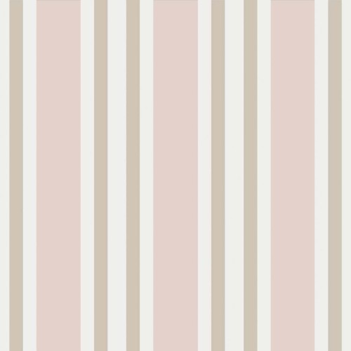 Tapeta Cole and Son Polo Stripe z pionowymi pasami w bieli, różu i beżu, na gładkiej powierzchni. Pasy mają do 5 cm szerokości, prezentowana na jednolitym tle z wyraźnym podziałem kolorów.